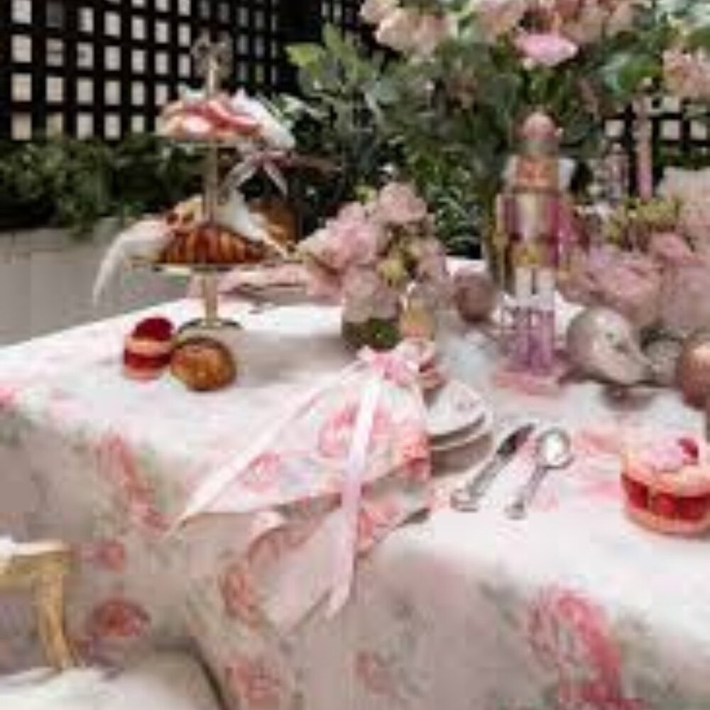 NEW NWT LOVESHACKFANCY EVERBLOOMING ROSETTES LINEN TABLECLOTH PEACHY PURPLE $245